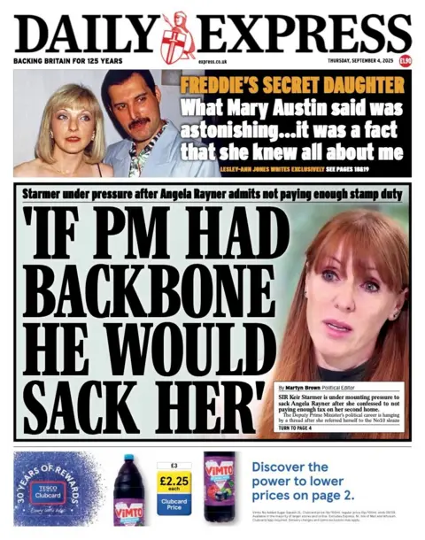 The headline on the front page of the Daily Express reads: "If PM had backbone we would sack her".
