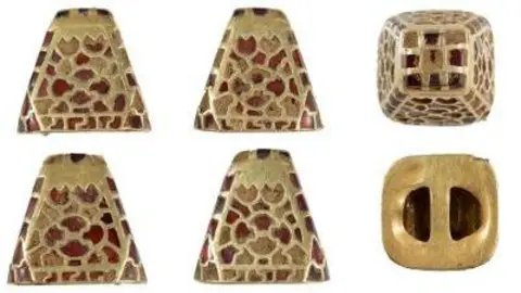 Six images showing the different sides of the pyramidal gold and garnet sword mount, which has a unique pattern on the sides.