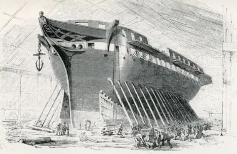 Unicorn Preservation Society A drawing of a large ship under construction in the 1820s