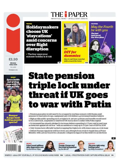 The headline on the front page of the i Paper reads: "State pension triple lock under threat if UK goes to war with Putin."