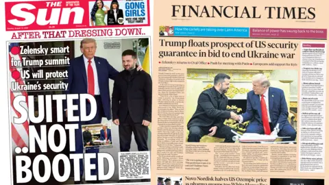 The front pages of The Sun and the Financial Times are shown in a composite image. The headline of the former reads "suited not booted" while the headline of the latter reads "Trump floats prospect of US security guarantee in bid to end Ukraine war".
