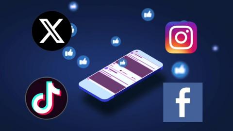 Different social media logos like TikTok, Facebook, Instagram and X, formally known as Twitter