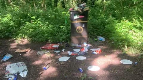 Supplied A black bin overflowing with litter. Litter is scattered along the floor in front of it.