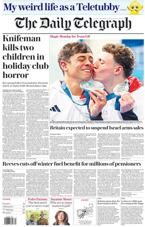 The headline on the front page of the Daily Telegraph reads: "Knifeman kills two children in holiday club terror"