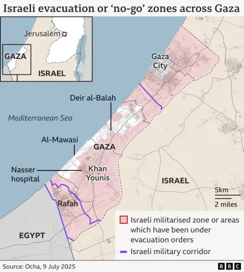 Map of Israeli evacuation and "no-go" zones in Gaza (9 July 2025)