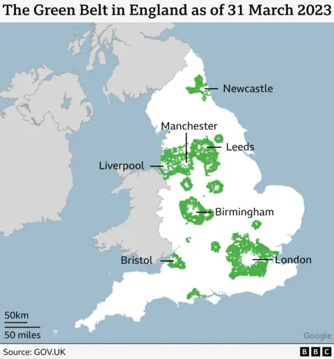 A map showing green belt areas in England as of 31 March 2023. England's biggest cities are pinpointed and surrounded by green to show green belt areas. This includes London, Bristol, Birmingham, Leeds, Manchester, Liverpool and Newcastle. 