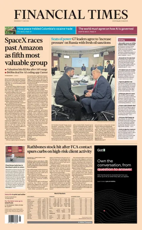 The headline on the front page of the Financial Times reads: "SpaceX races past Amazon as fifth most valuable group".