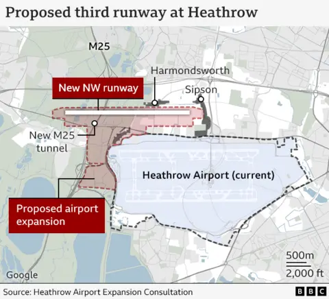 A map of the the proposed third runway at Heathrow. It shows the current airport, and highlights the proposed airport expansion and the new NW runway.