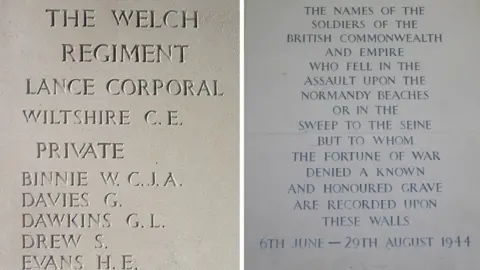 The War Graves Photographic Project To the left is a list of the fallen soldiers at Normandy between 6th June - 29th August 1944. On the right is a carved inscription reading :
The name of the soldiers of the British and Commonwealth and Empire who fell in the assault upon the Normandy Beaches or in the sweep to the Seine but to whom the fortune of war denied a known and honoured grave are recorded upon these walls. 6th June - 29th August 1944