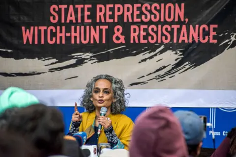 Getty Images Arundhati Roy during the event marking 2 years of Attack on Jamia Millia Islamia, Central University on 15th December 2019.
