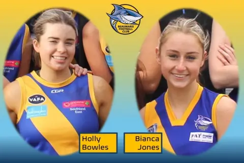 Beaumaris Football Club A representation   of Holly Bowles and her person  Bianca Jone, wearing yellowish  and purple tops of their sports squad  successful  an authoritative  photo