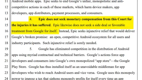 PACER A highlighted portion of court documents shows a section reading "Epic does not seek monetary compensation"