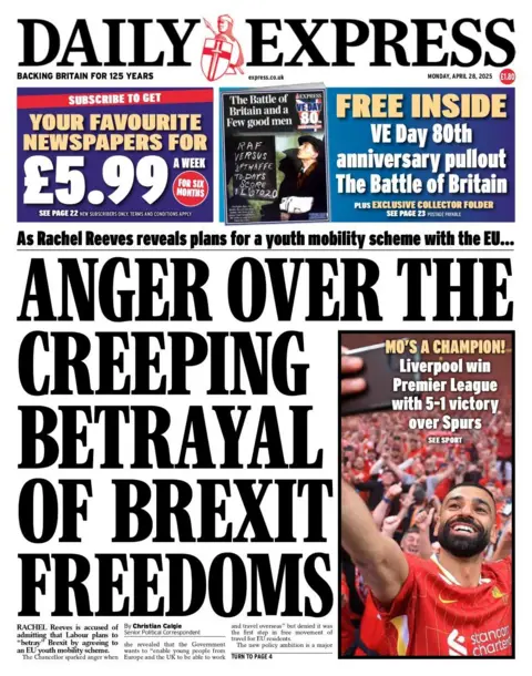The front page of the Daily Express newspaper. The headline reads: Amger over the creeping betrayal of Brexit freedoms'.