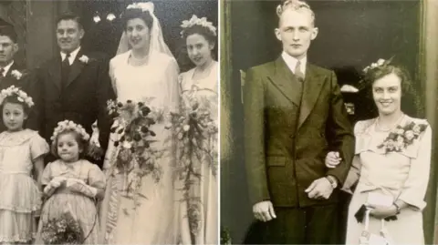 Jane Cryer Two black and white wedding photos - one with the bride and groom and some children/younger people - another showing a young couple who are dressed like wedding guests