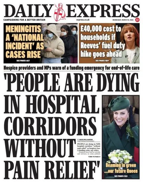 "'People are dying in hospital corridors without pain relief'," reads the headline on the front page of the Daily Express.