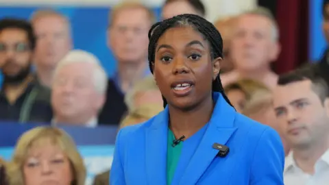 Conservative Party leader Kemi Badenoch speaking at their local election campaign launch at The Curzon Centre in Beaconsfield, Buckinghamshire.