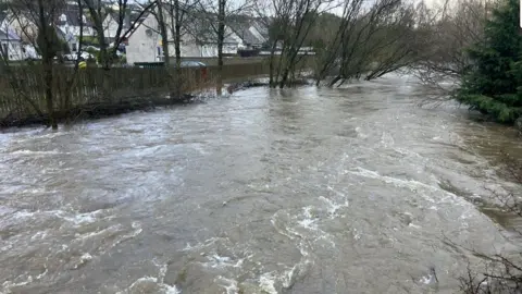 High levels of the River Callan in Armagh which has led to some trees bending over. There are homes to the left of the image.