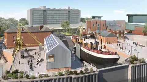 Hull City Council Artist impression of the Hull North End Shipyard development with the trawler Arctic Corsair in a dry dock, with brick and metal buildings and a yellow crane around it