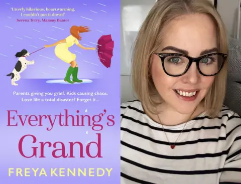 Boldwood / Claire Allan Everything's Grand book cover (a light blue cover showing a cartoon woman being blown by the wind with an inside out umbrella, taking a white and black dog for a walk) next to an image of Freya Kennedy , who has shoulder length blonde hair, wearing dark rimmed glasses and a white and black horizontal striped top.