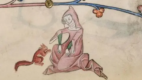 Πίνακας Βρετανικής Βιβλιοθήκης Απεικόνιση μιας μεσαιωνικής γυναίκας που παίζει με έναν κόκκινο σκίουρο που φορά ένα γιακά με καμπάνα