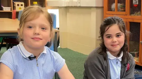 Two girls sit in a school classroom, behind them is a brown wooden guinea pig hutch. Nancy is on the left of the picture, and has blond hair tied into a ponytail. She is wearing a blue gingham dress. Isabelle sits on the right and is wearing a blue gingham dress with a grey cardigan which has the red logo of her school on the left of her chest. Her hair is dark brown and tied into a half-up hairstyle.