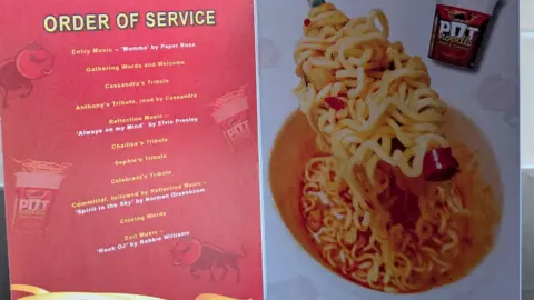 Family Photo An order of service covered in Pot Noodle images 