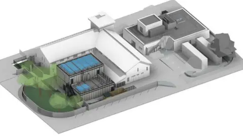 Swindon Borough Council Plans showing blocks in a mock-up of the building, an L shaped white building with a new building created in the square corner and a grass space next to it.