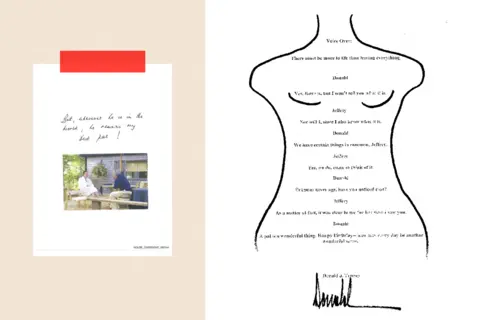 Reuters/ Democrats on the House Oversight Committee/ PA/ Democrats on the House Oversight Committee Two images: On the left, an extract from the 50th birthday album compiled in 2003 for Jeffrey Epstein. On the right, A birthday letter that U.S. President Donald Trump allegedly wrote to sex offender Jeffrey Epstein more than 20 years ago