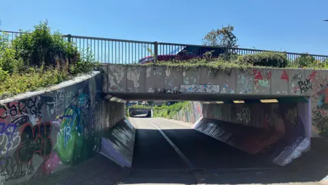 Shariqua Ahmed/BBC An underpass built from concrete. It is covered in graffiti. It goes underneath a road. There is a car on the road.