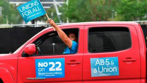 Getty Images Man in car campaigning against Proposition 22