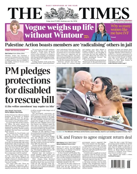 "PM pledges protections for disabled to rescue bill" reads the headline on the front page of The Times.