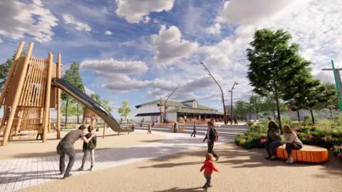 An artist's impression of how Woodside could look in the future showing people walking along a pedestrianised area, people sat on a bench and a children's slide. Woodside Ferry Terminal is located in the background.