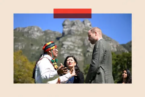 Getty Images Prince William standing with people who are finalists in the Earthshot Prize in a scenic setting in South Africa