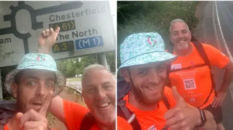 Jordan Brooks A split image of Jordan Brooks and Innes Miles, both in orange tops and Jordan in a hat. In one they are pointing at a sign for Chesterfield, in the other they are smiling and Jordan has his thumb up
