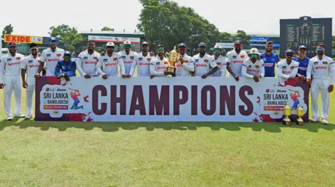 Sri Lanka celebrate their Test series win over Bangladesh
