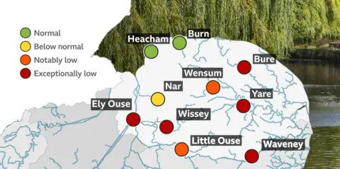 A map shows the different river flow levels recorded in Norfolk ,according to Environment Agency data