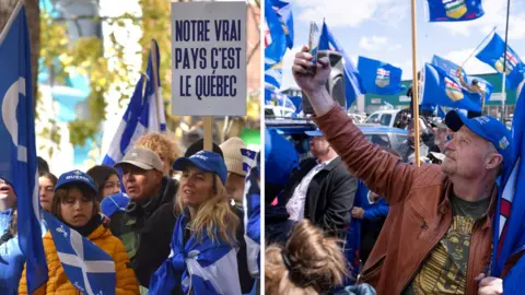 A composite images shows on the left, a rally for an independent Quebec, with a crowd of people in blue and white Fleurs de Lys Quebec flags, one carrying a sign reading in French: "My real country is Quebec". On the right, a man in blue Republic of Alberta hat takes a selfie in front of a crowd of people waving Alberta flags.