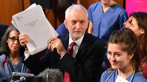 Getty Images Jeremy Corbyn holding up papers