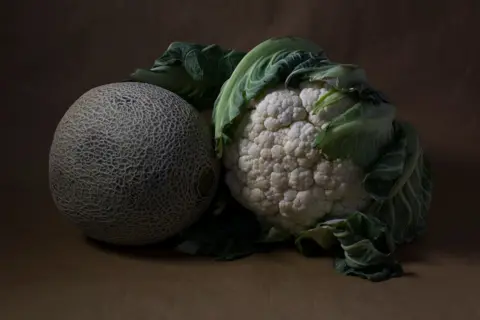 John West A melon and a cauliflower positioned side by side against a dark background