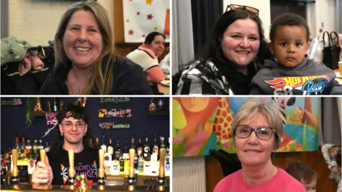 JOHN FAIRHALL/BBC Composite of Photos of four different people divided in four.  In the top right a woman with long hair in her late fifties is smiling at the camera. Top left, a woman in her mid-twenties with shoulder length dark hair and sunglasses on her head is smiling at the camera. She is wearing a white and black checked top. On her lap is her toddler son who is wearing a grey Hot Wheels Racing hoodie. Bottom left, a man in his early twenties with glasses is posing behind a bar with a hand on a beer pump.  Bottom right, a woman in her early sixties smiles in a pink top with a cartoon jungle poster behind her. 