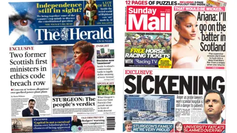 The front pages of the Herald on Sunday and the Sunday Mail