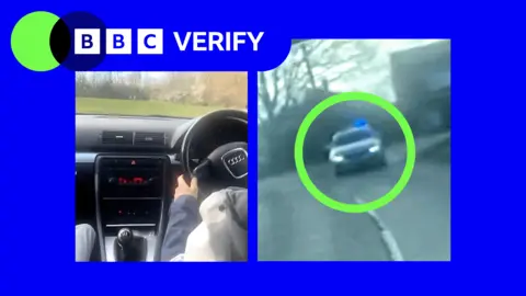A graphical composite image showing two screen grabs from a video shot inside a car next to the BBC Verify logo.