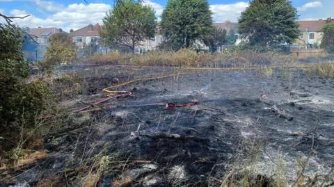 An area of scorched grass with houses seen in the distance