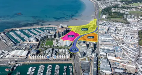 Jersey Development Company A drone image shows the St Helier waterfront, with marked zones showing where the proposed changes would take place. 