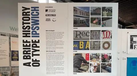 Supplied A large white board with the words A Brief History Of Type Ipswich written on it. Alongside that is a description of the project and then some images of lettering.