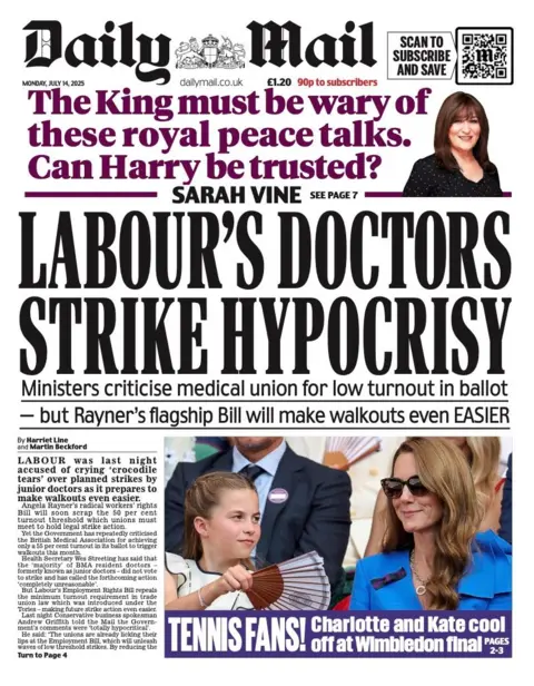 The headline on the front page of the Daily Mail reads: “Labour's doctors strike hypocrisy”.