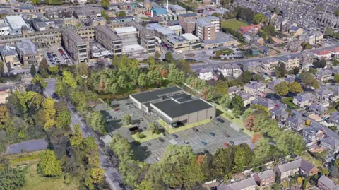 LDRS/Bradford Council An artist's impression of an aerial view of the new leisure centre with Bradford Royal Infirmary visible behind