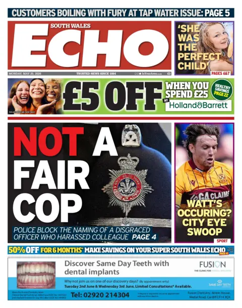South Wales Echo Front page of the has a picture of a bobby's hat and a headline not a fair cop
