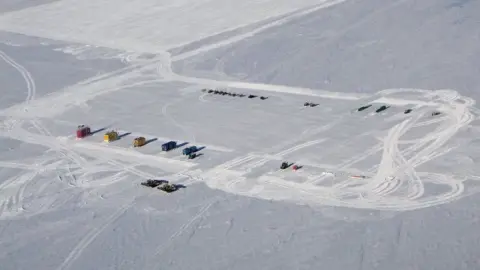 Australian Antarctic Division Aerial view of infrastructure at ski-way near Davis research station