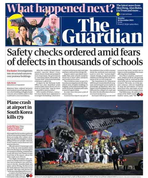 The Guardian headline reads "Safety checks ordered amid fears of defects in thousands of schools"